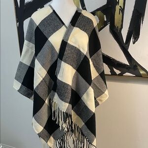 Plaid Black and Cream Poncho
